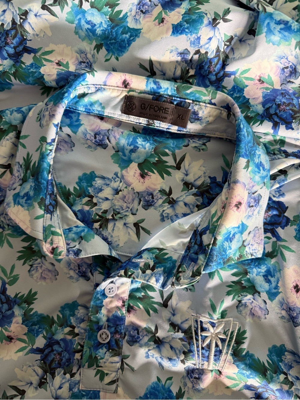 G/Fore Men’s Floral Tech Blue Rose Print Embroidered Golf Polo Size XL